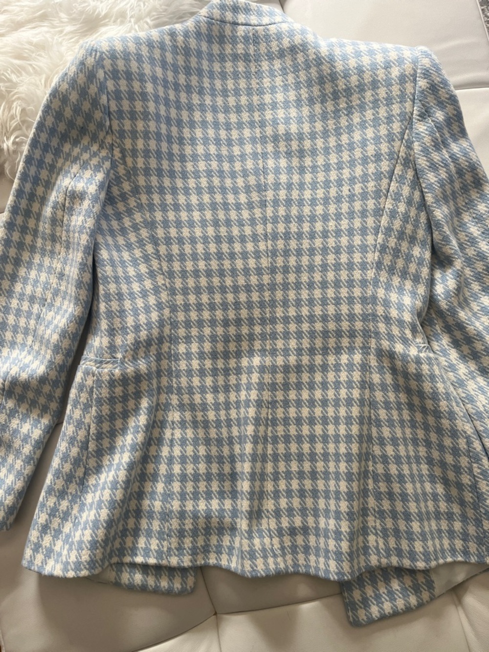 Zara Light Blue & White Houndstooth Collarless Blazer - Picture 13 of 14